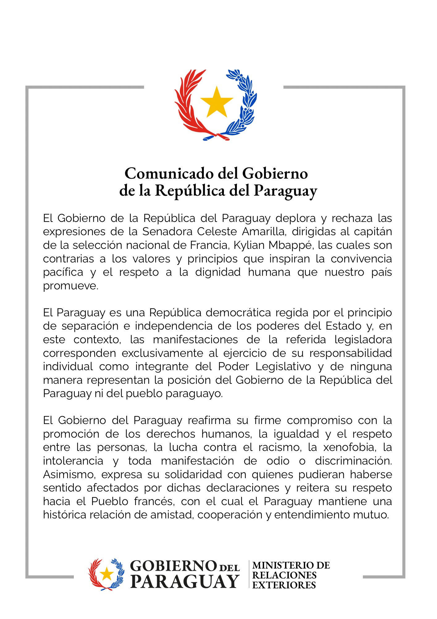 Communiqué du Gouvernement de la République du Paraguay